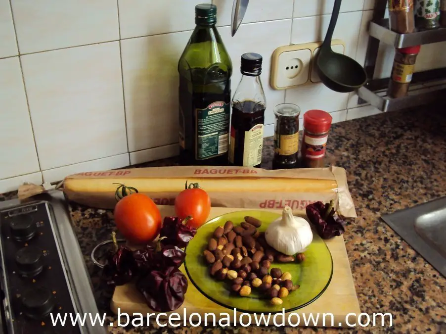 The ingredients for Romesco sauce in my kitchen in Barcelona