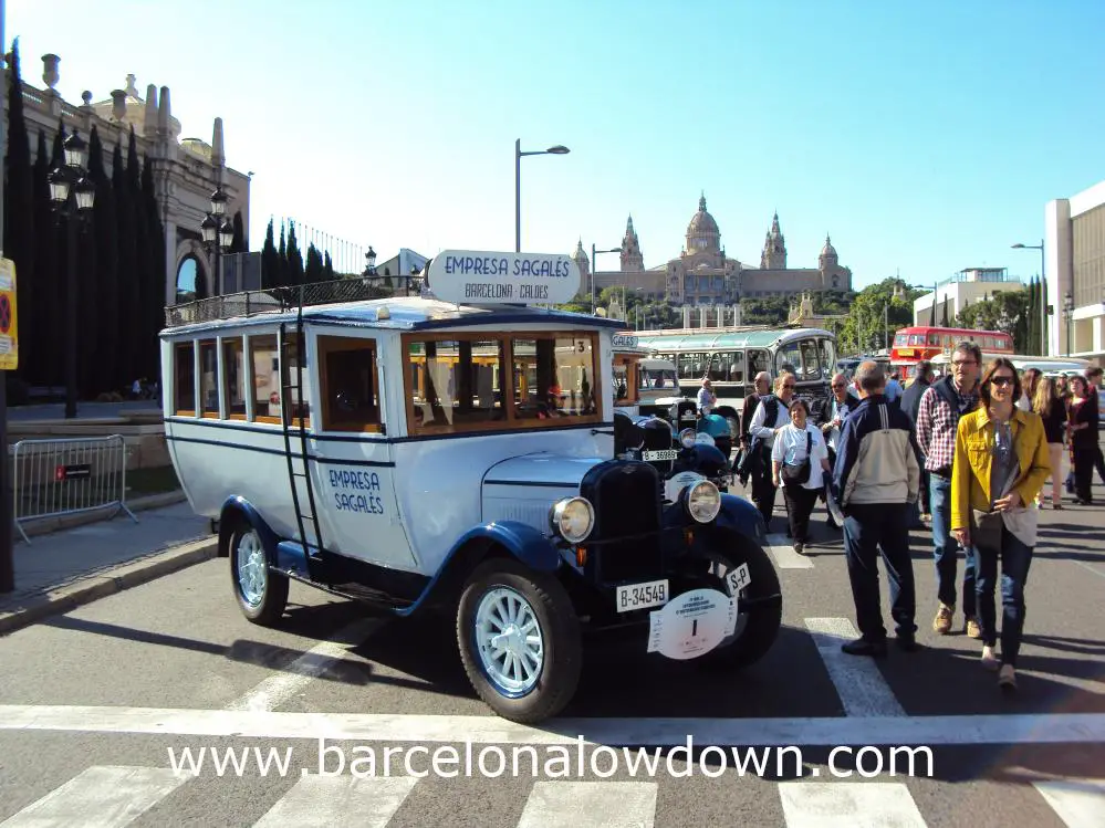1928 Chevrolet 16 seater classic bus in front of the MNAC museum, Barcelona.