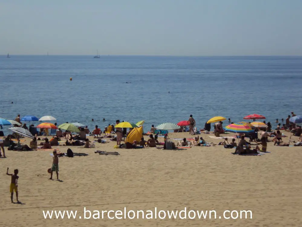 People enjoying the sunshine on Barcelona's beach, playing beach tennis, swimming or shading under beach umbrellas