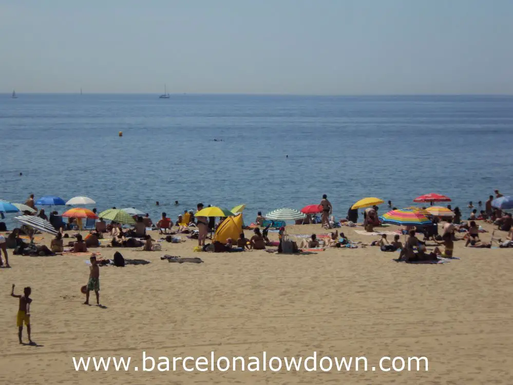 People enjoying the sunshine on Barcelona's beach, playing beach tenis, swimming or shading under parasols