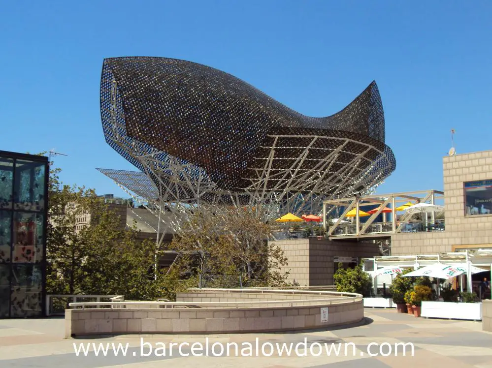 The giant fish sculpture which was designed by Frank Gehryy for the 1992 Barcelona Olympics