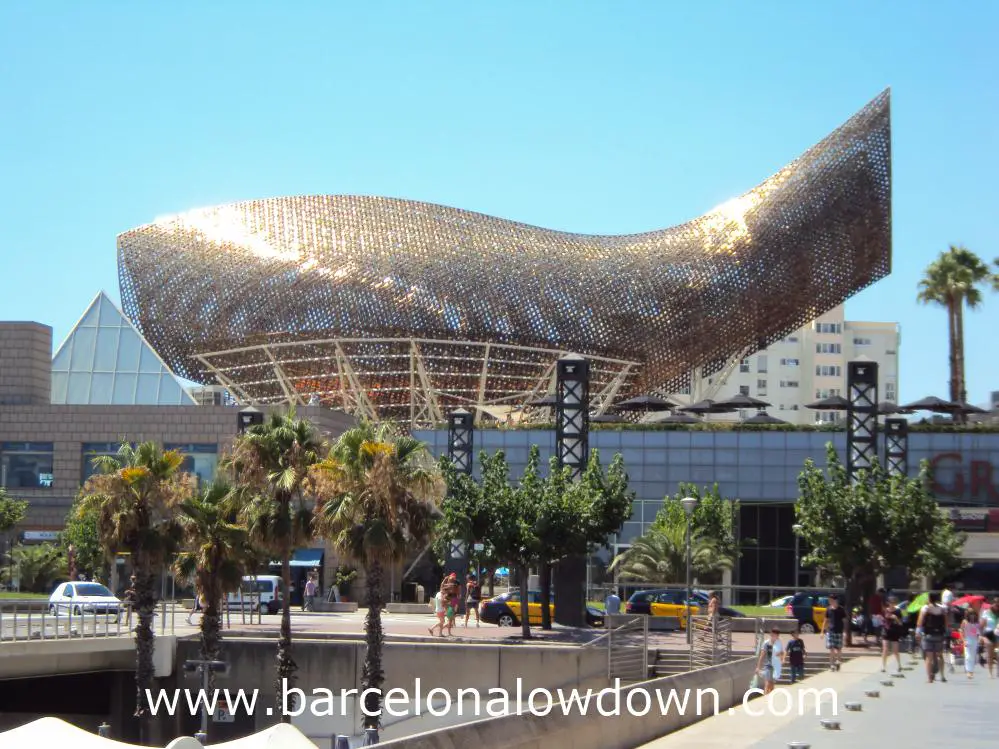 The giant fish sculpture on Barcelona's seafront shining under the summer sun.