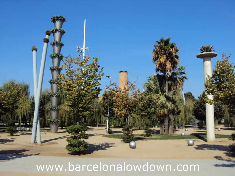Willows, palm-trees and architecture in a park in Barcelona