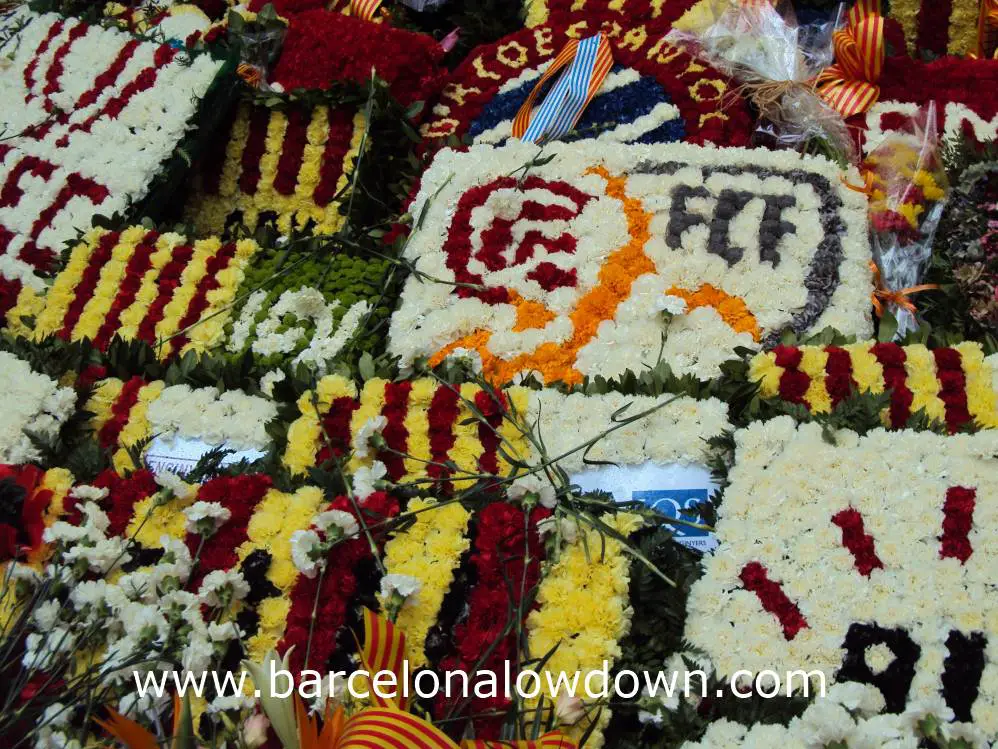 Floral tributes laid out in front of the Rafael Casanova monument during Catalonia's National Day 2013