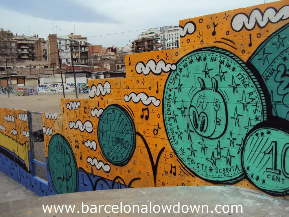 Street art, green coins bouncing down steps painted on a wall in Barcelona, in the background you can see buildings of the clot district of Barcelona.