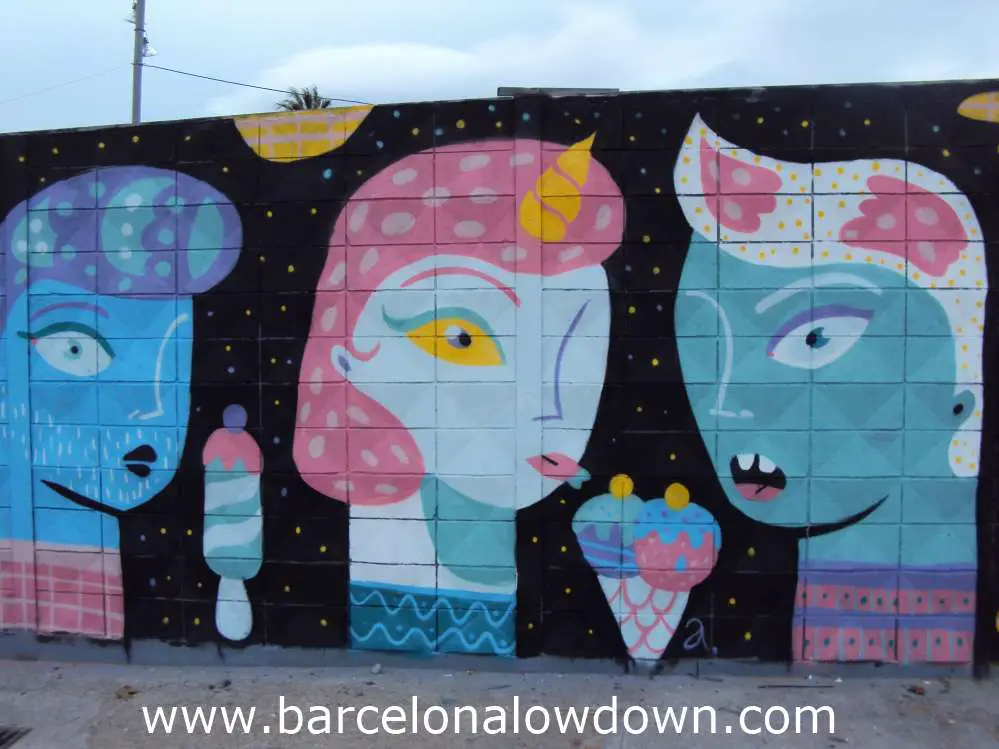 Graffiti of three girls and ice cream cones, paintes using bright colours on a black background.