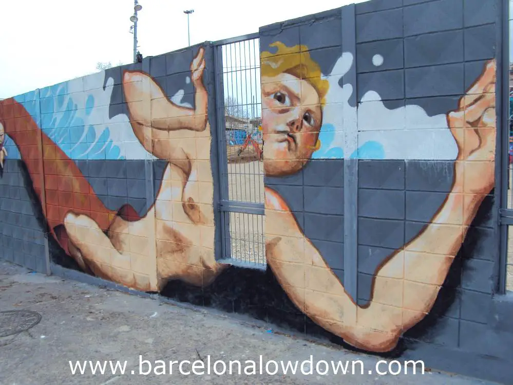 Graffiti showing a worried looking mermaid, painted on a wall in Barcelona