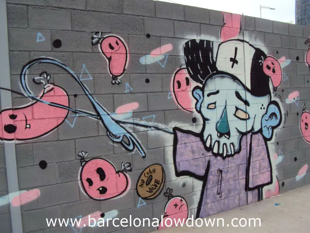 Graffiti in Barcelona, painting of a skeleton wearing a baseball cap with pink chorizo sausages flying symbolising corruption