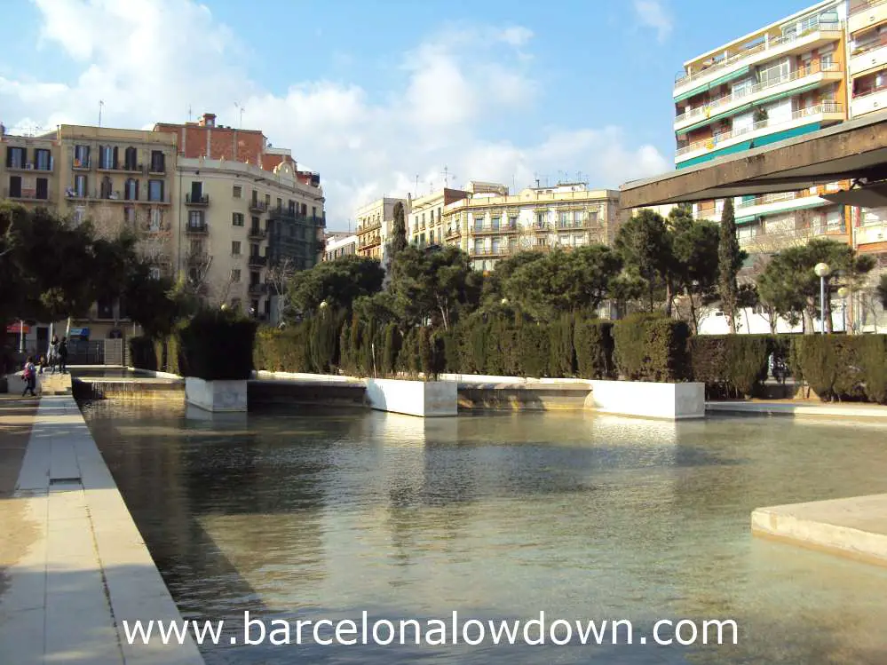 The shallow artificial lake surrounding the public library in Miró Park Barcelona