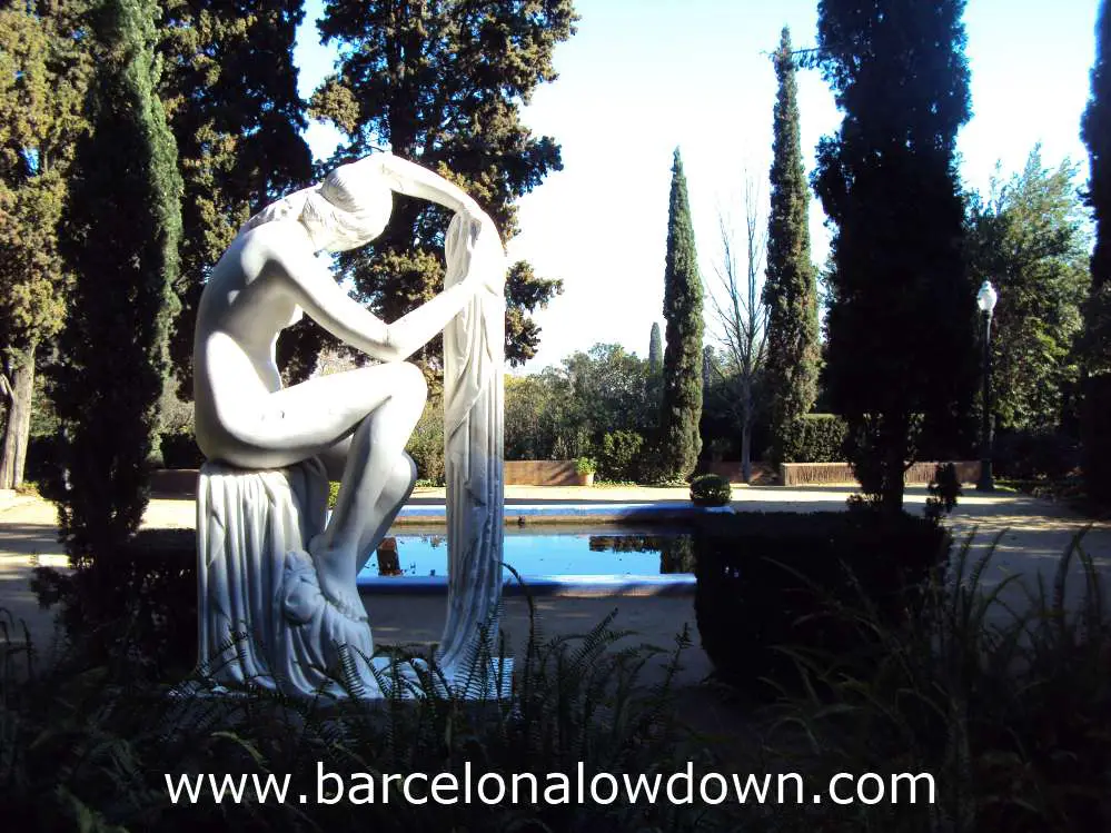 The Estival statue in the Laribal Gardens of Montjuic. The photo was taken from behind the statue looking out at the gardens