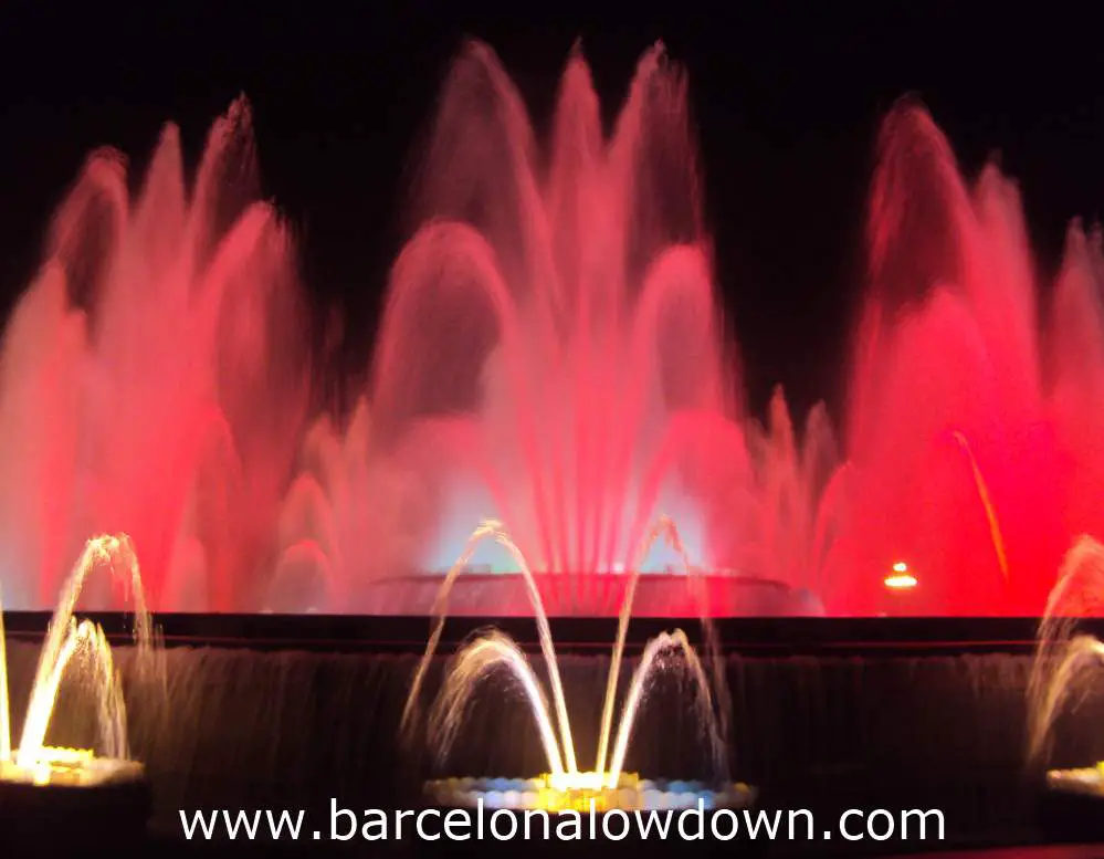 Red lights illuminating the magic fountain, Barcelona