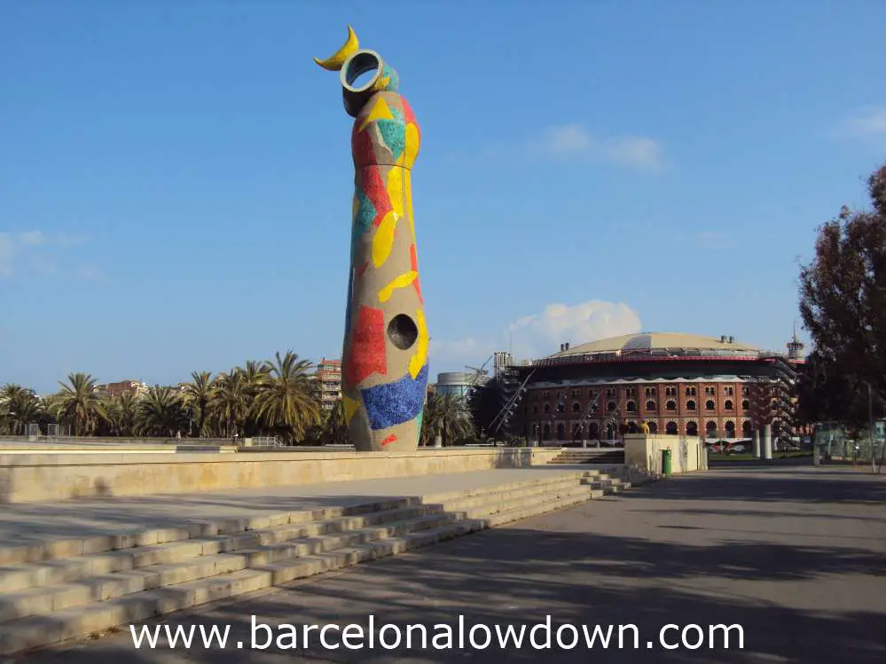 The Woman and Bird sculpture and the Las Arenas shopping centre in Joan Miro Park Barcelona