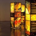 Illuminated display pillars in an exhibition of Art Nouveau in Barcelona
