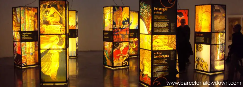 Illuminated display pillars in an exhibition of Art Nouveau in Barcelona