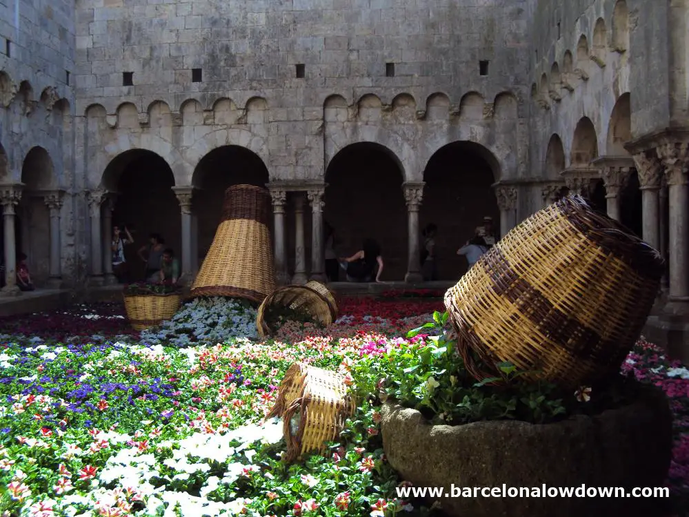 A colourful floral display in the pretty medieval cloisters of Girona Cathedral