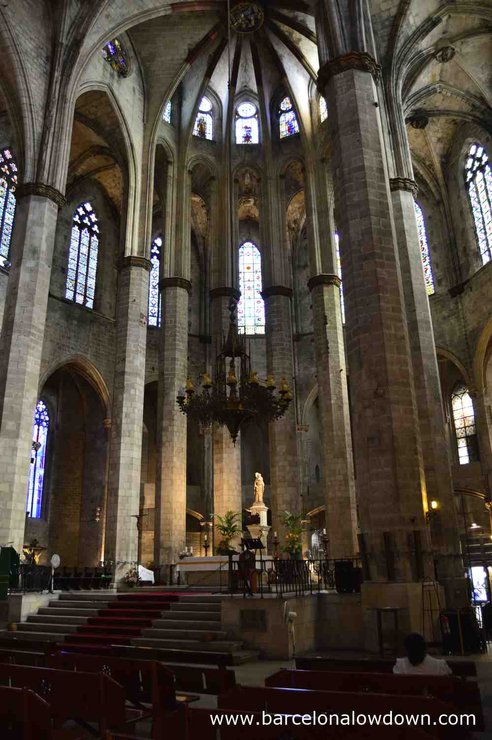 The altar and statue of the virgin Mary in Barcelona's Santa Maria del Mar basilica aka the Cathedral of the Sea