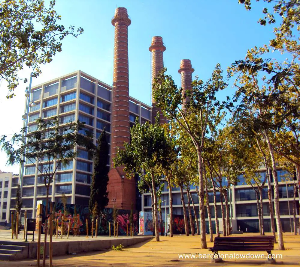 The chimneys which are all that remains of the old power station at el parc de les 3 chimeneies Barcelona