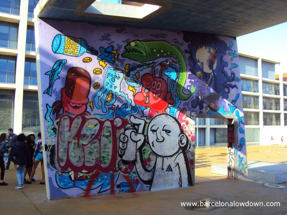 Teenagers chatting near a wall covered with graffiti in Barcelona