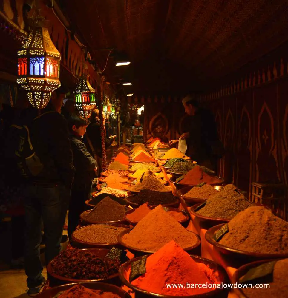 Piles of aromatic and colourful spices in the medieval market of Vic near Barcelona Spain
