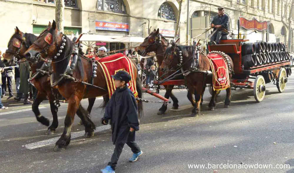 Horse dray in the tres tombs parade in the Sant antoni neighbourhood of Barcelona