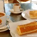 A late breakfast consisting of bread, cheese and coffee is best enjoted in a sunny plaza in Barcelona