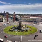 Panoramic view of Spain square, The National Palace and Montjuic mountain from the Arenes bullring turned shopping centre Barcelona