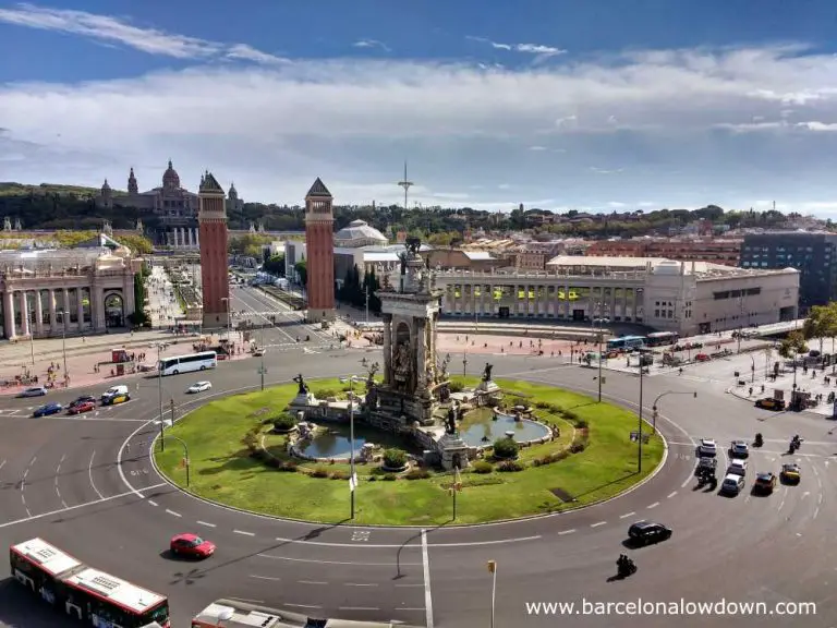 Panoramic view of Spain square, The National Palace and Montjuic mountain from the Arenes bullring turned shopping centre Barcelona