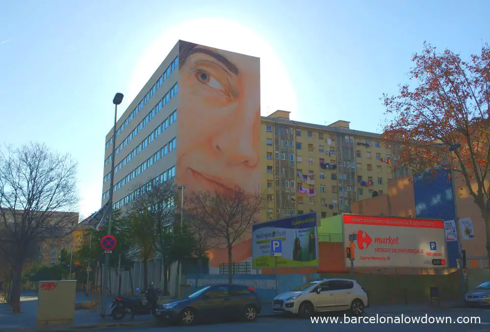 Giant mural super realistic portrait of a woman painted by Jorge Rodriguez Gerada in the Sant Martí district of Barcelona Spain