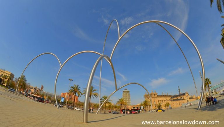 Photo of the onates "waves" statue in Barcelona taken with a fisheye lense