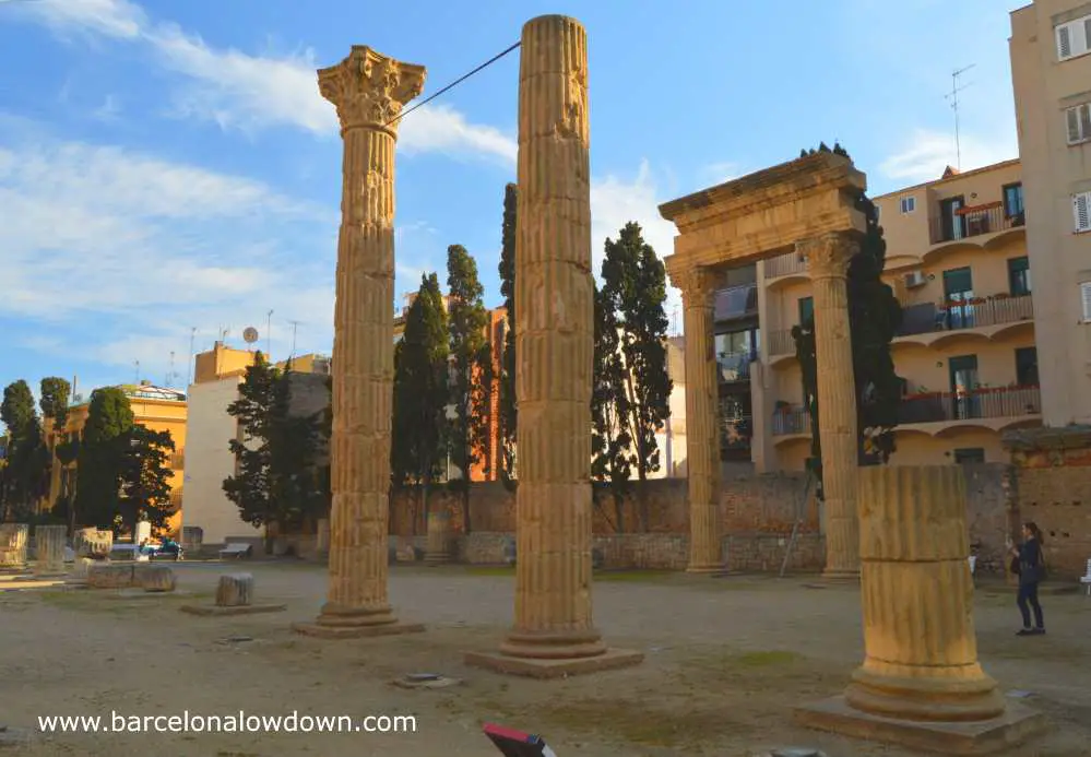 Tall stone Roman columns at the Local Forum Tarragona, Catalonia Spain