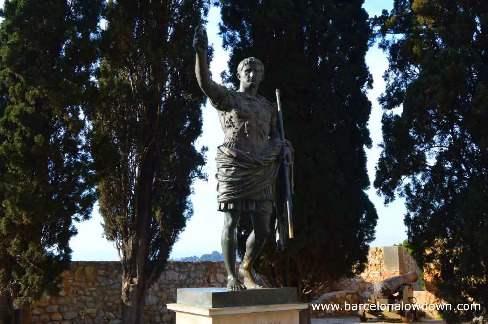 Bronze statue of Emperor Augustus located in the so called archaeological promenade or Roman walls of Tarragona Spain