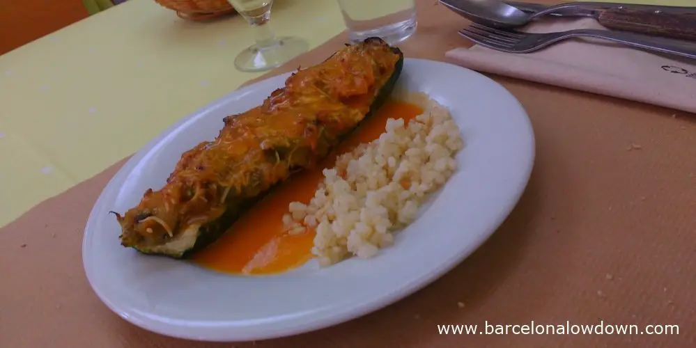 Stuffed aubergine served at La Rieral vegetarian restaurant next to the Camp Nou Barcelona Football stadium