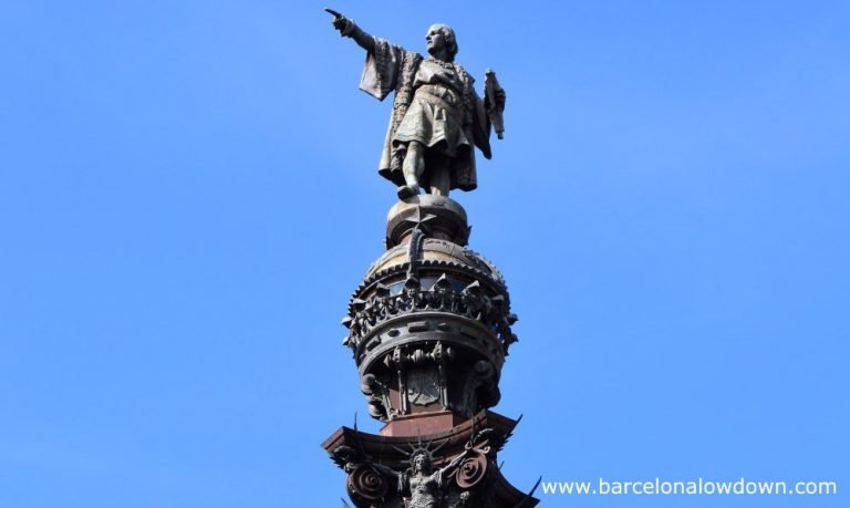 Close up photo of the statue at the top of the Christopher Columbus monument, Barcelona, Catalonia, Spain