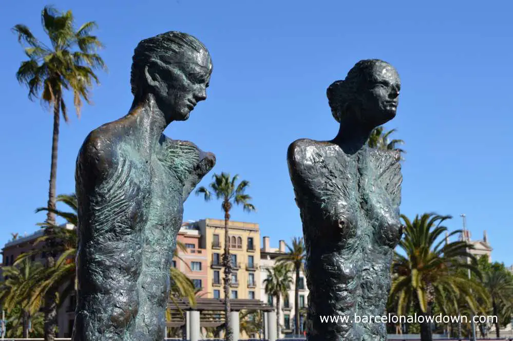 Close up of the couple statue, one of many statues located at Barcelona's seafront and boardwalk