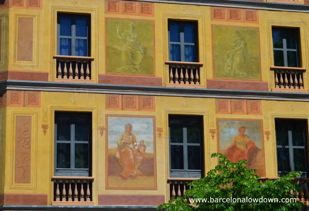Close up of the colourful frescoes painted on the façade of Hotel Catalonia Eixample Carrer de Roger de Llúria, 60, one of the so called Cerda houses of Barcelona