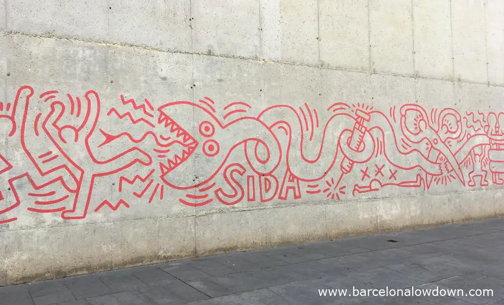 Blood red snake AIDS mural next to the MACBA museum in Barcelona.