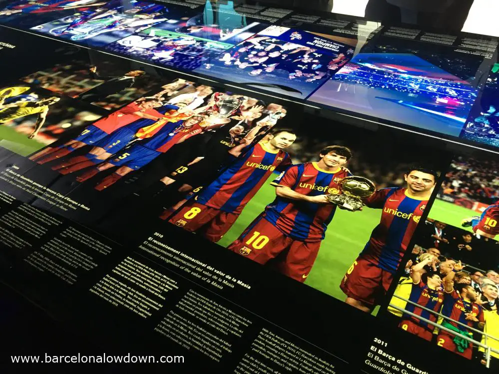 Images from 2009 and 2010 in the Barça footbal club museum: Messi, Iñiesta, Javi, Pujol et al...