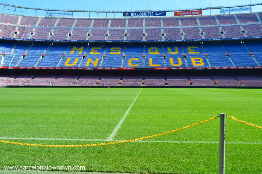 View of the pitch from the sidelines during the Camp Nou Experience Barcelona football club stadium tour.