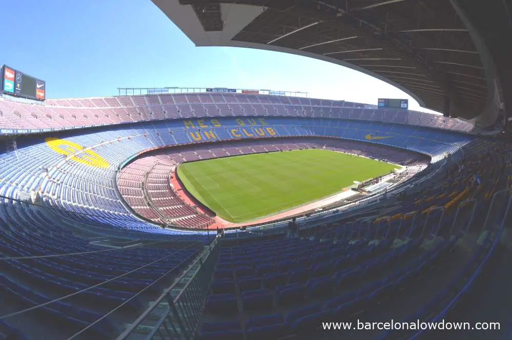 A view of FC Barcelona's Camp Nou stadium taken using a fisheye lense.