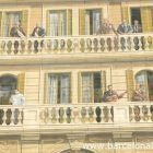 Close up photo of 2 balconies from the mural Balcons de Barcelona including Antoni Gaudi, Ildefons Cerda and Pablo Picasso