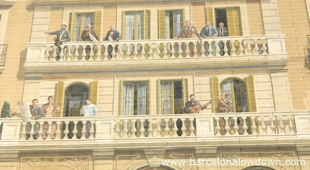 Close up photo of 2 balconies from the mural Balcons de Barcelona including Antoni Gaudi, Ildefons Cerda and Pablo Picasso