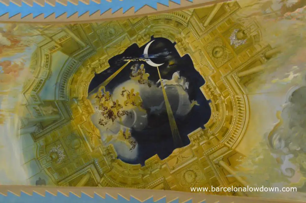 Detail of Salvador Dali's ceiling painting in the main hall of Pubol castle near Girona.