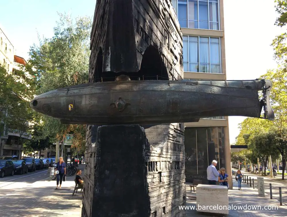 Bronze replica of the first steam powered submarine Ictineo II which was invented by Narcís Monturiol i Estarriol and launched in Barcelona in 1865