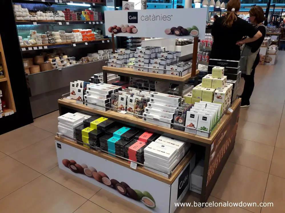 Catanies and other foodstuffs in a delicatessen at Barcelona airport