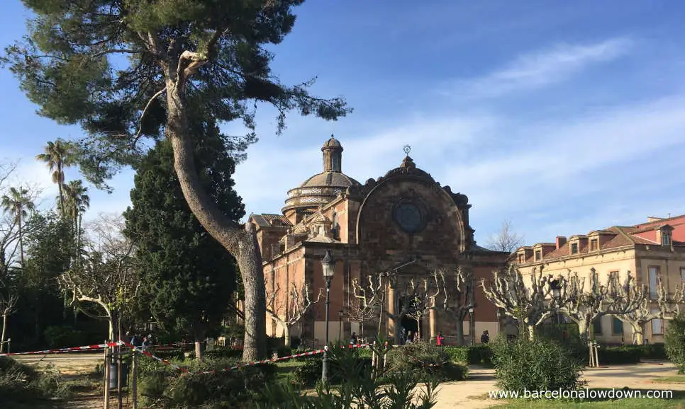 Military parish church surrounded by trees and bushes in the Parc de la Ciutadella or citadel park in Barcelona