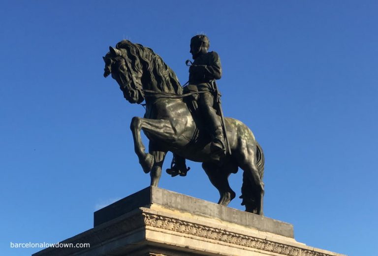 Equestrian statue of Spanish general Joan Prim in military uniform in Barcelona