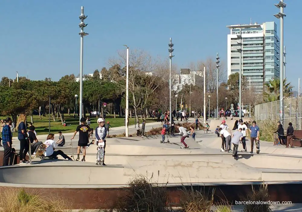 Kids having fun at the Mar Bella skatepark in Barcelona