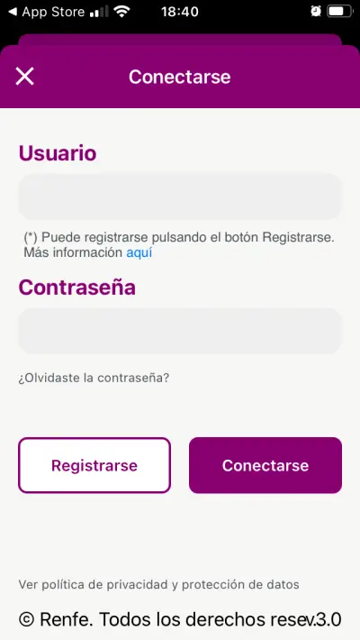 enter your details here to login to the renfe ticket app
