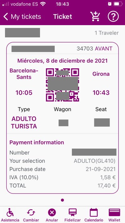 Digital ticket on the RENFE app