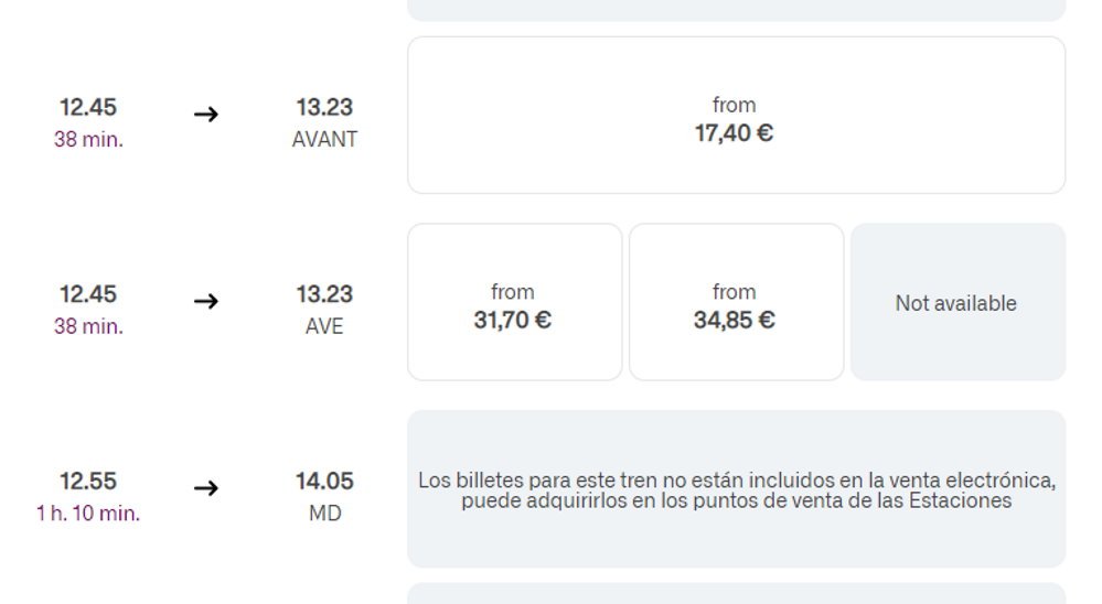 Comparing prices of Spanish trains on the RENFE website